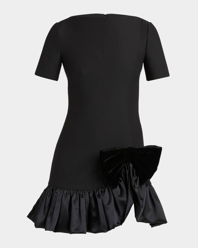 Velvet Bow Ruffle Short-Sleeve Mini Dress